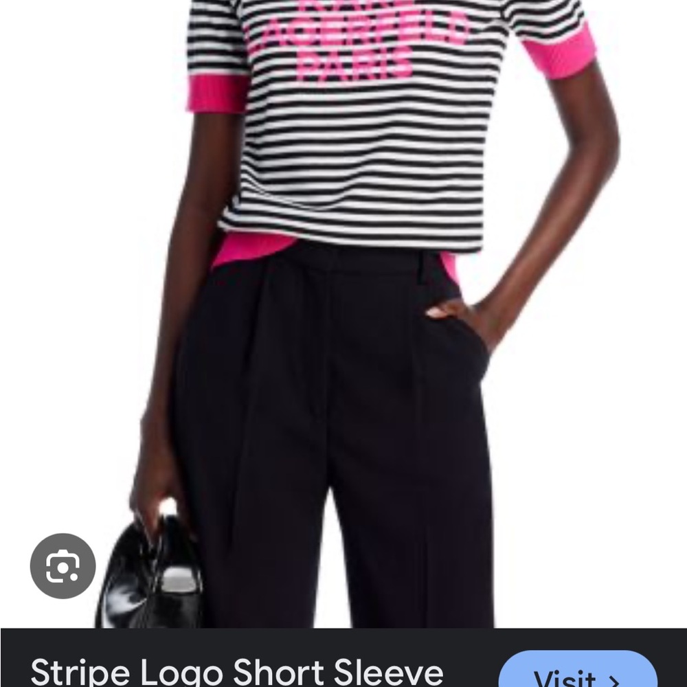 Karl Lagerfeld Paris Stripe Logo Short Sleeve sweater Black and White